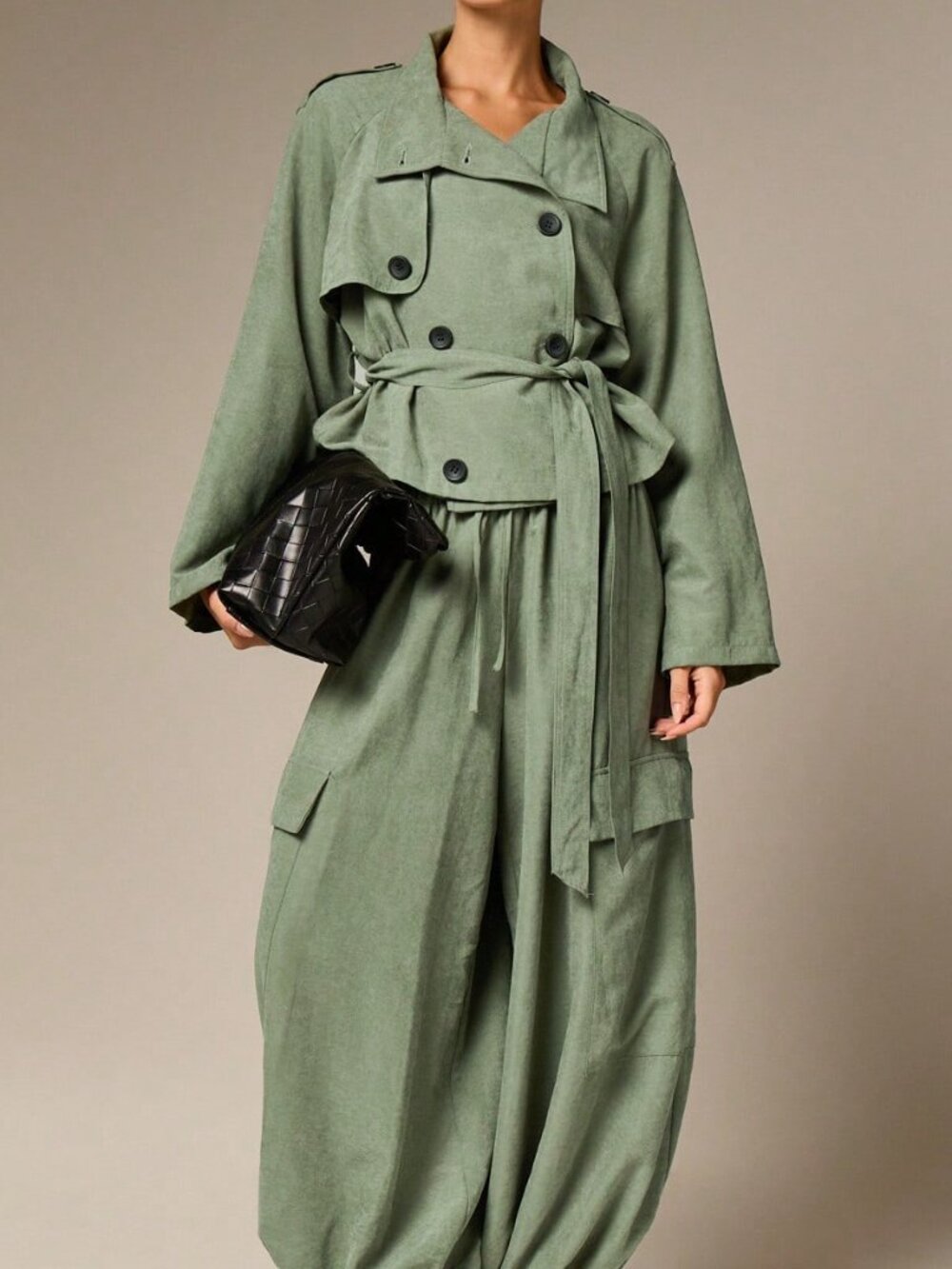 Green Elegant Women's Funnel Neck Belted Raglan Oversized Trench Coat - Picture 5 of 6